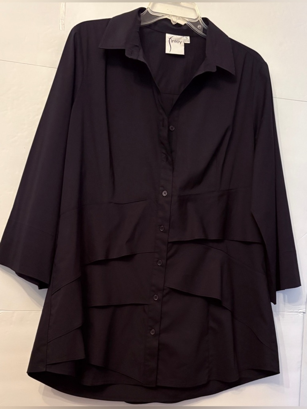 FINLEY JENNA BLACK POPLIN RUFFLE TIER HEM COLLAR BUTTON UP 3/4 SLEEVE SHIRT XL